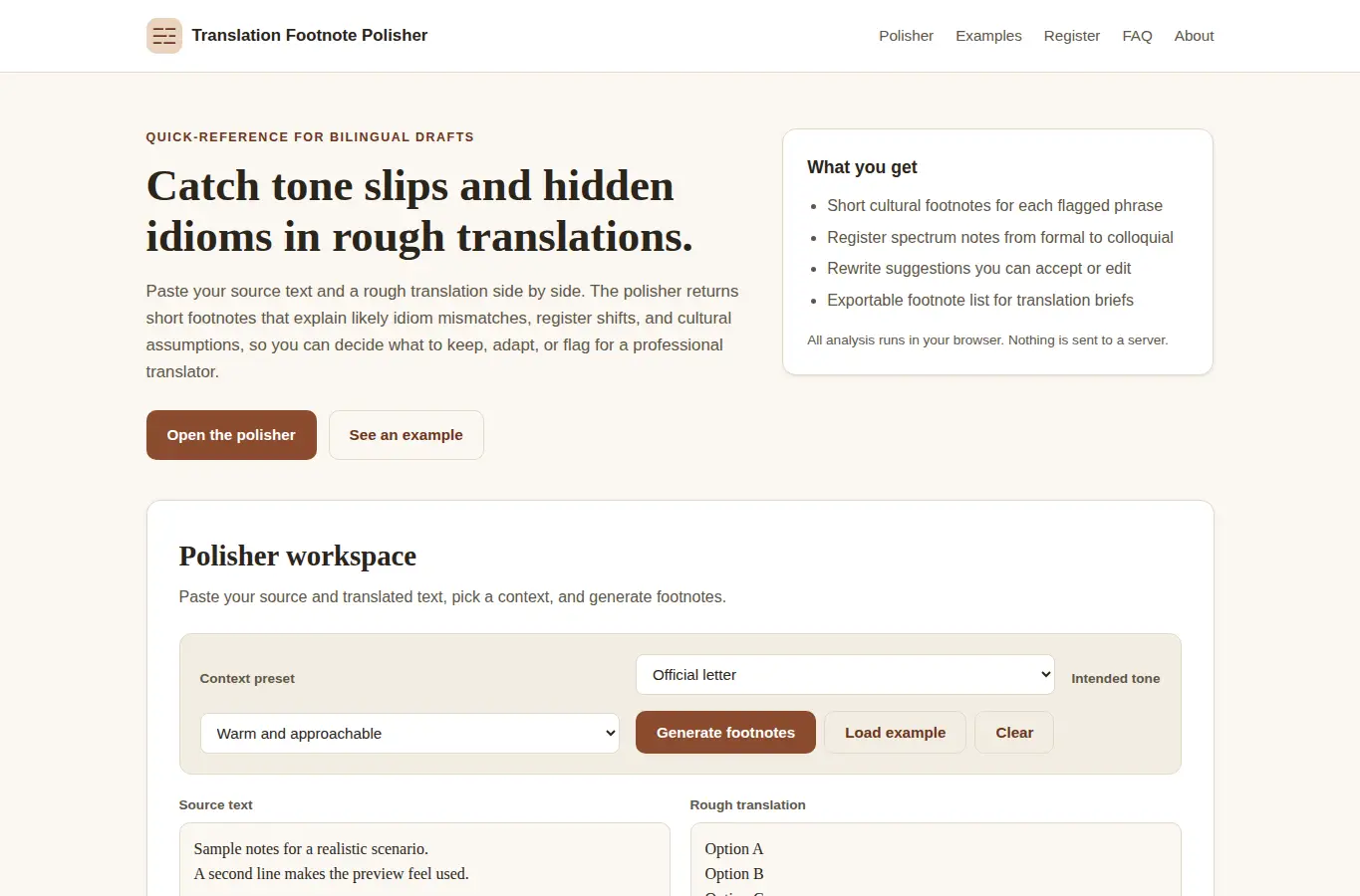 Screenshot of Translation Footnote Polisher interface showing the project page in use